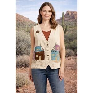 Vintage Sundance 80s 90s Southwestern Pueblo Denim Vest Medium Art To Wear USA